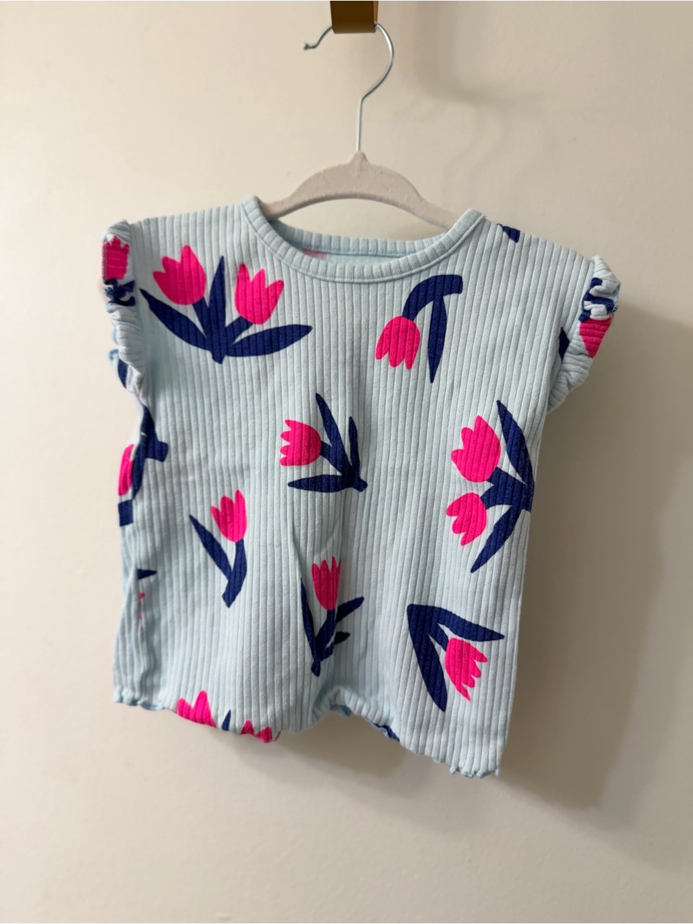 Cat & Jack Light Blue Ribbed Tee with Hot Pink Tulips